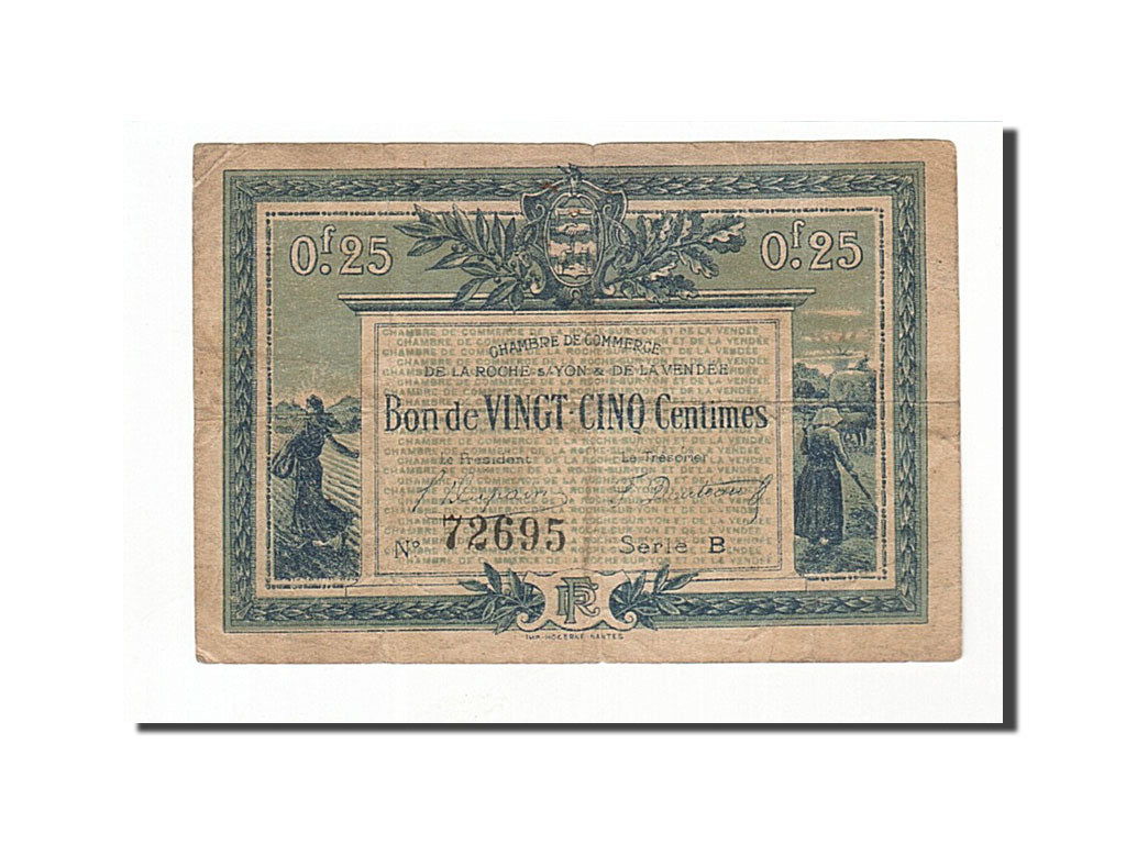 Banknote, Pirot:65-26, 25 Centimes, 1916, France, VF(30-35), La Roche-sur-Yon