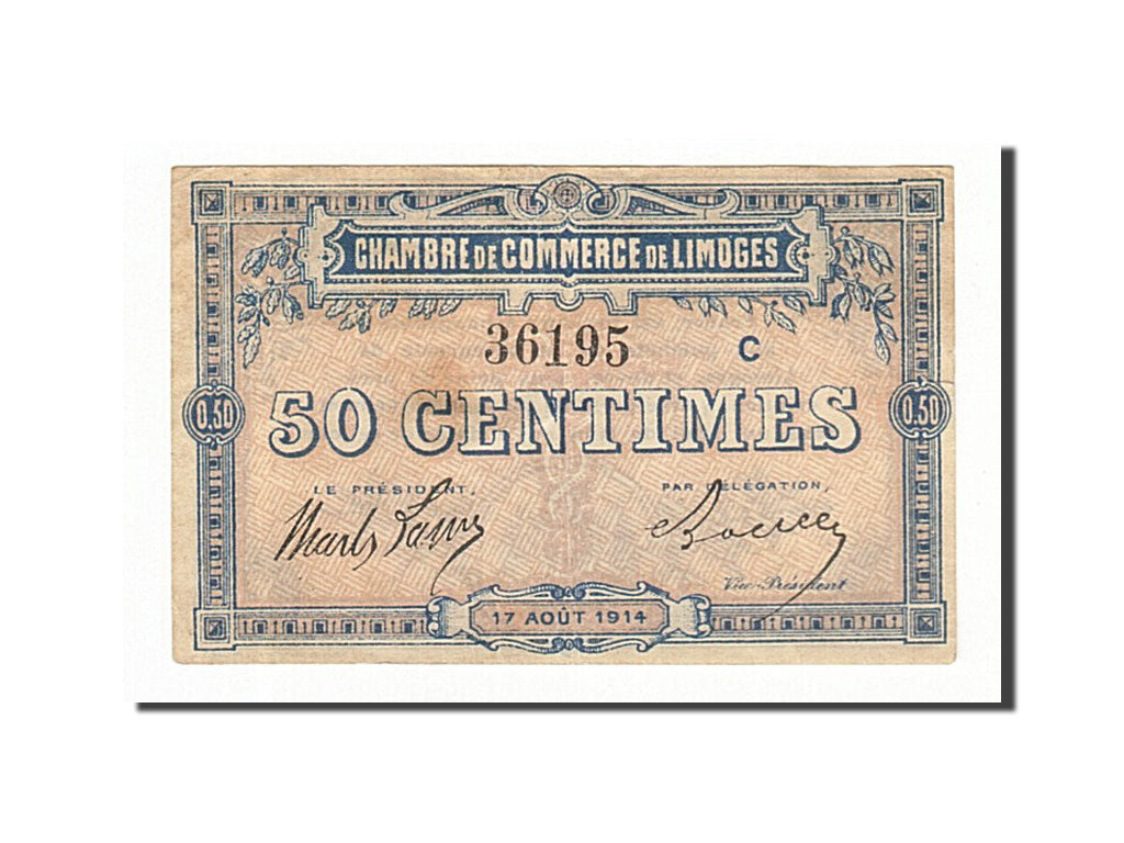 France, Limoges, 50 Centimes, 1914, AU(55-58), Pirot:73-8