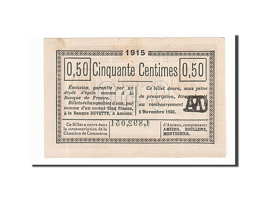 Banknote, Pirot:7-40, 50 Centimes, 1915, France, UNC(63), Amiens