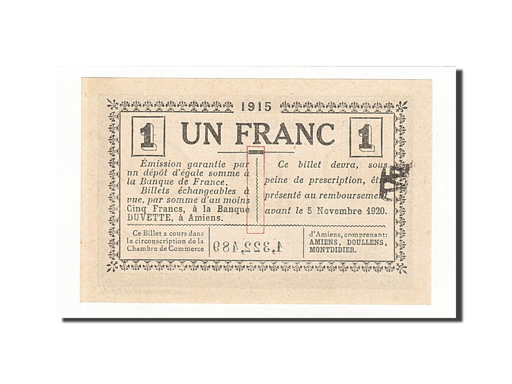 Banknote, Pirot:7-28, 1 Franc, 1915, France, UNC(65-70), Amiens