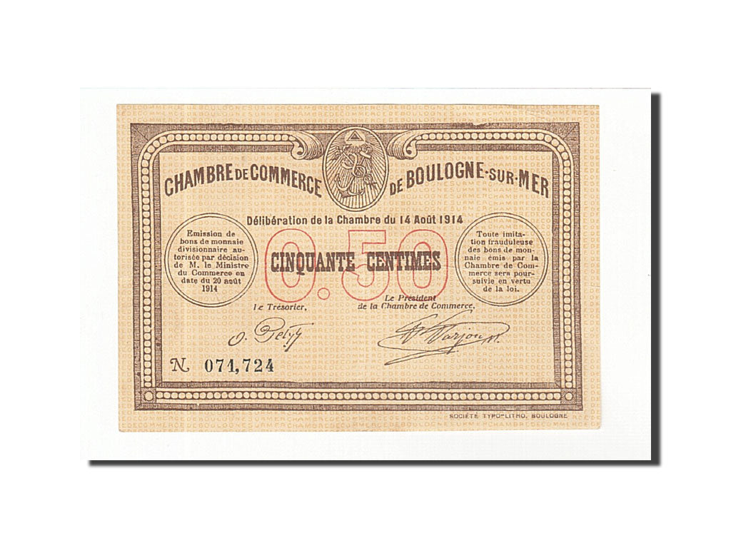 Banknote, Pirot:31-1, 50 Centimes, 1914, France, AU(55-58), Boulogne-sur-Mer