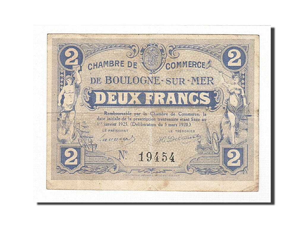 France, Boulogne-sur-Mer, 2 Francs, 1920, EF(40-45), Pirot:31-28