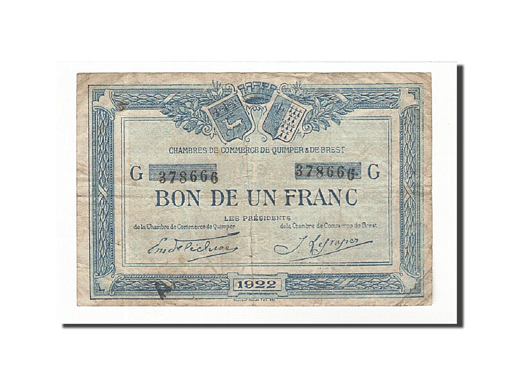 Banconote, Pirot:104-23, BB, Quimper et Brest, 1 Franc, 1922, Francia