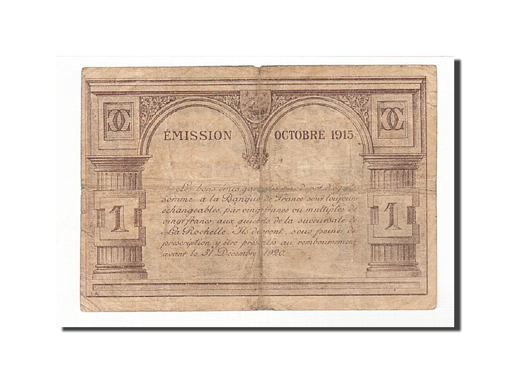 Banknote, Pirot:66-3, 1 Franc, 1915, France, EF(40-45), La Rochelle
