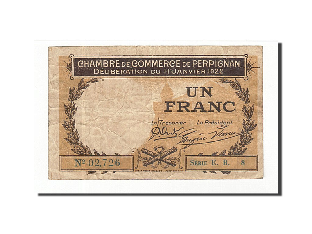 Banknote, Pirot:100-34, 1 Franc, 1922, France, EF(40-45), Perpignan