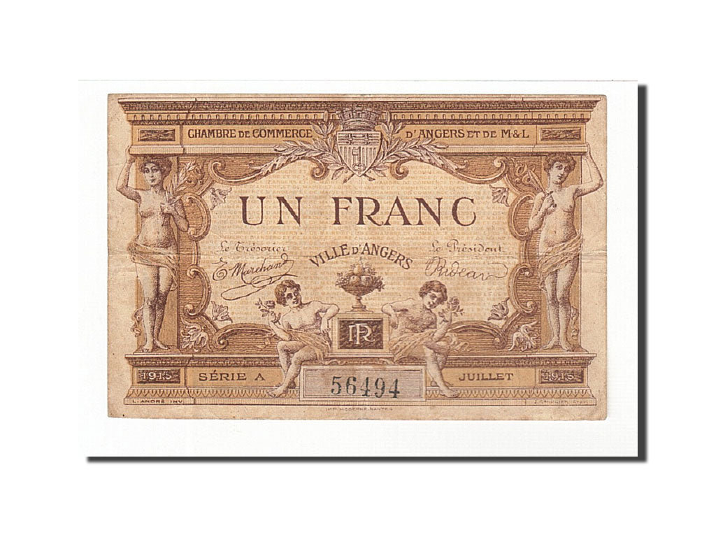 Banknote, Pirot:8-1, 1 Franc, 1915, France, AU(50-53), Angers