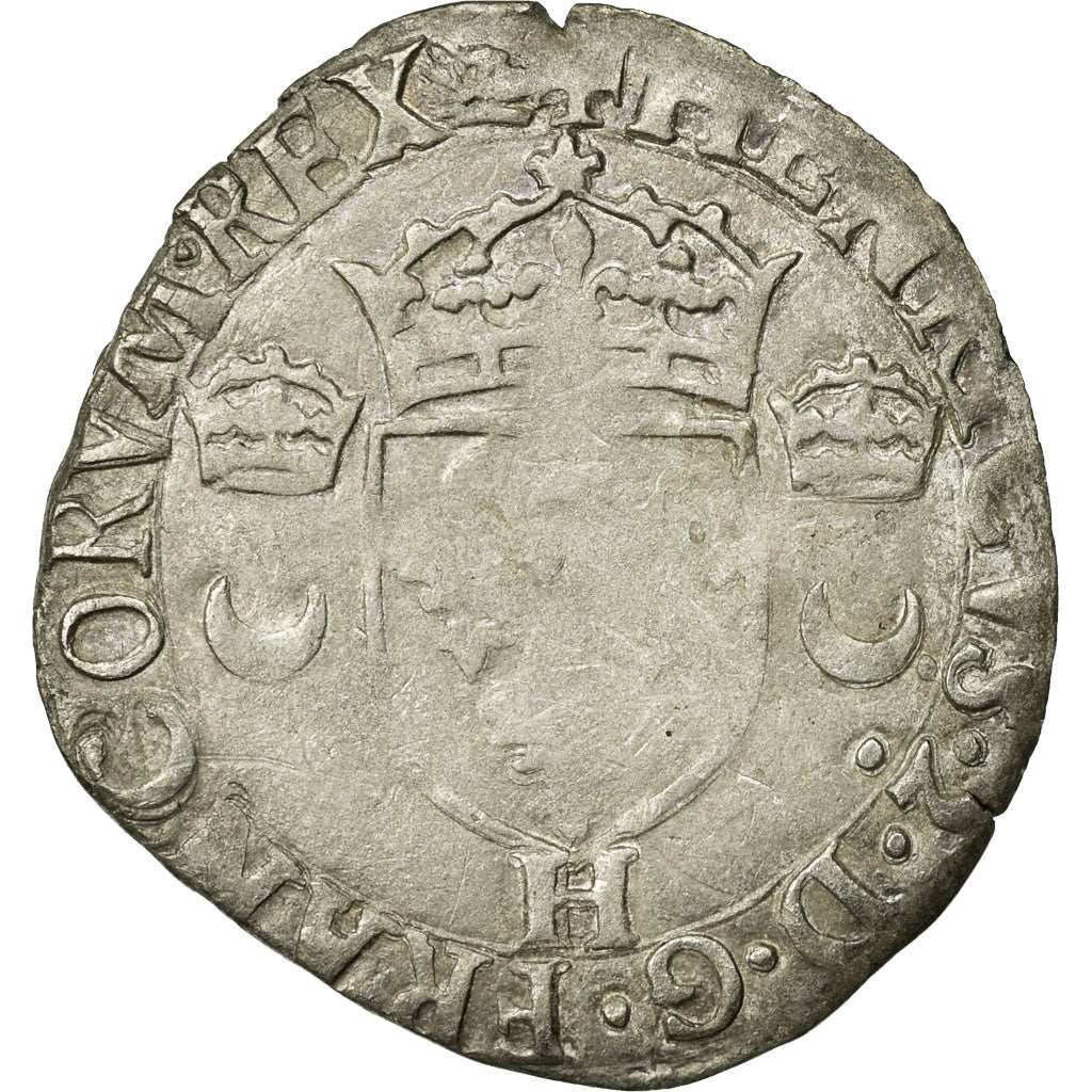Coin, France, Douzain aux croissants, 1554, La Rochelle, VF(20-25), Billon