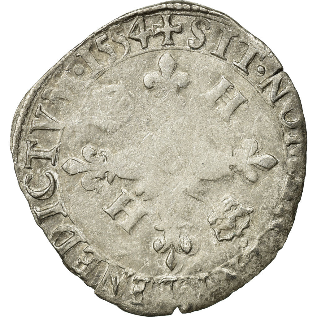 Coin, France, Douzain aux croissants, 1554, La Rochelle, VF(20-25), Billon