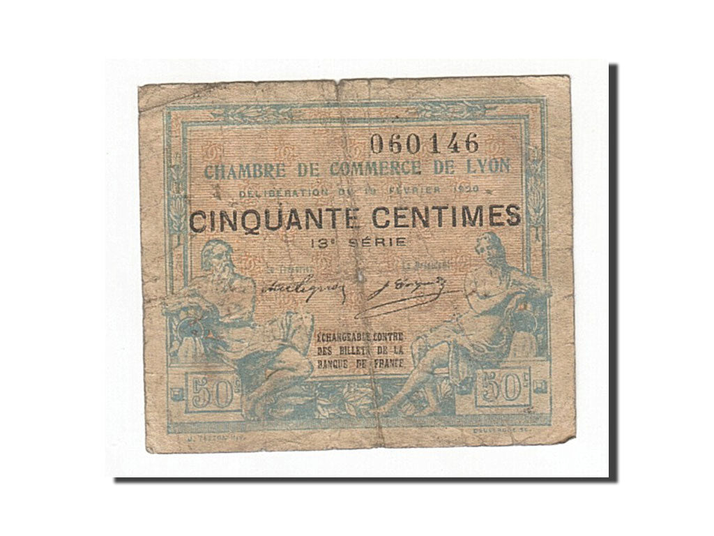 Banconote, Pirot:77-20, B+, Lyon, 50 Centimes, 1920, Francia