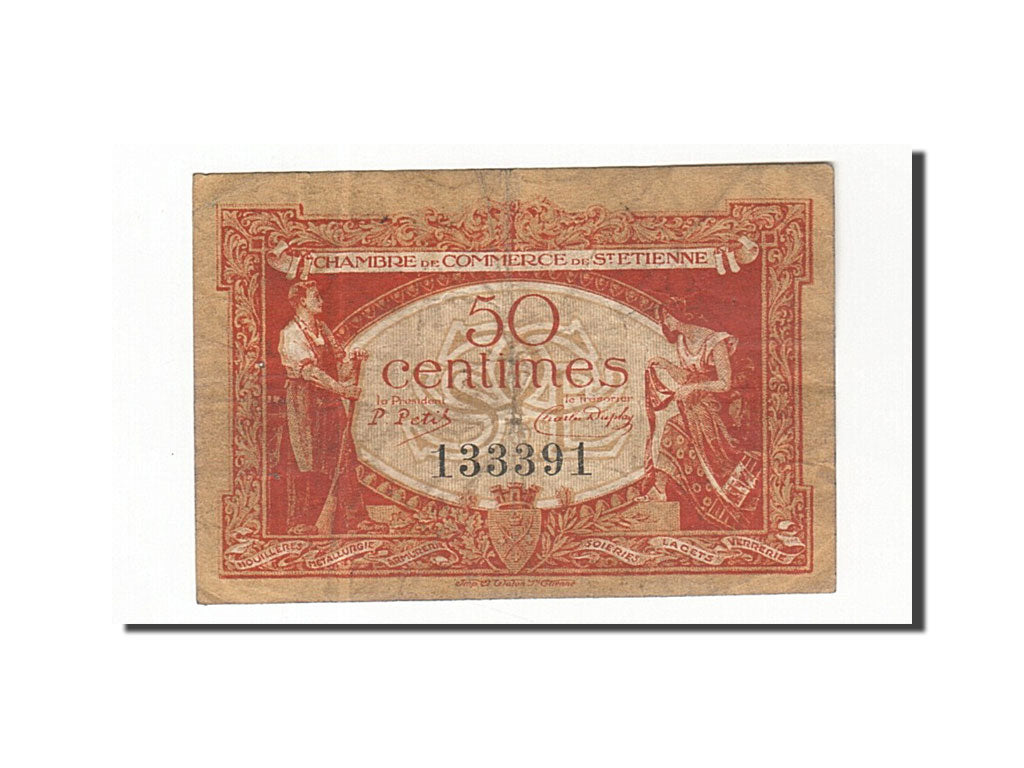 Banconote, Pirot:114-6, MB+, Saint-Etienne, 50 Centimes, 1921, Francia