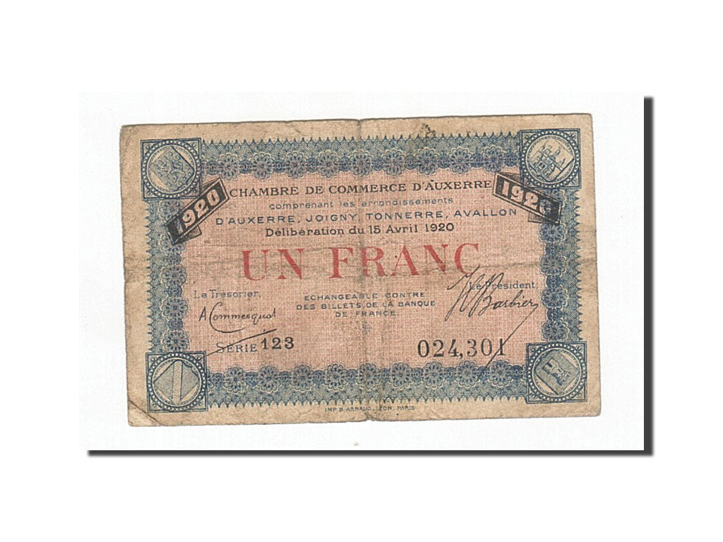 France, Auxerre, 1 Franc, 1920, VF(30-35), Pirot:17-26