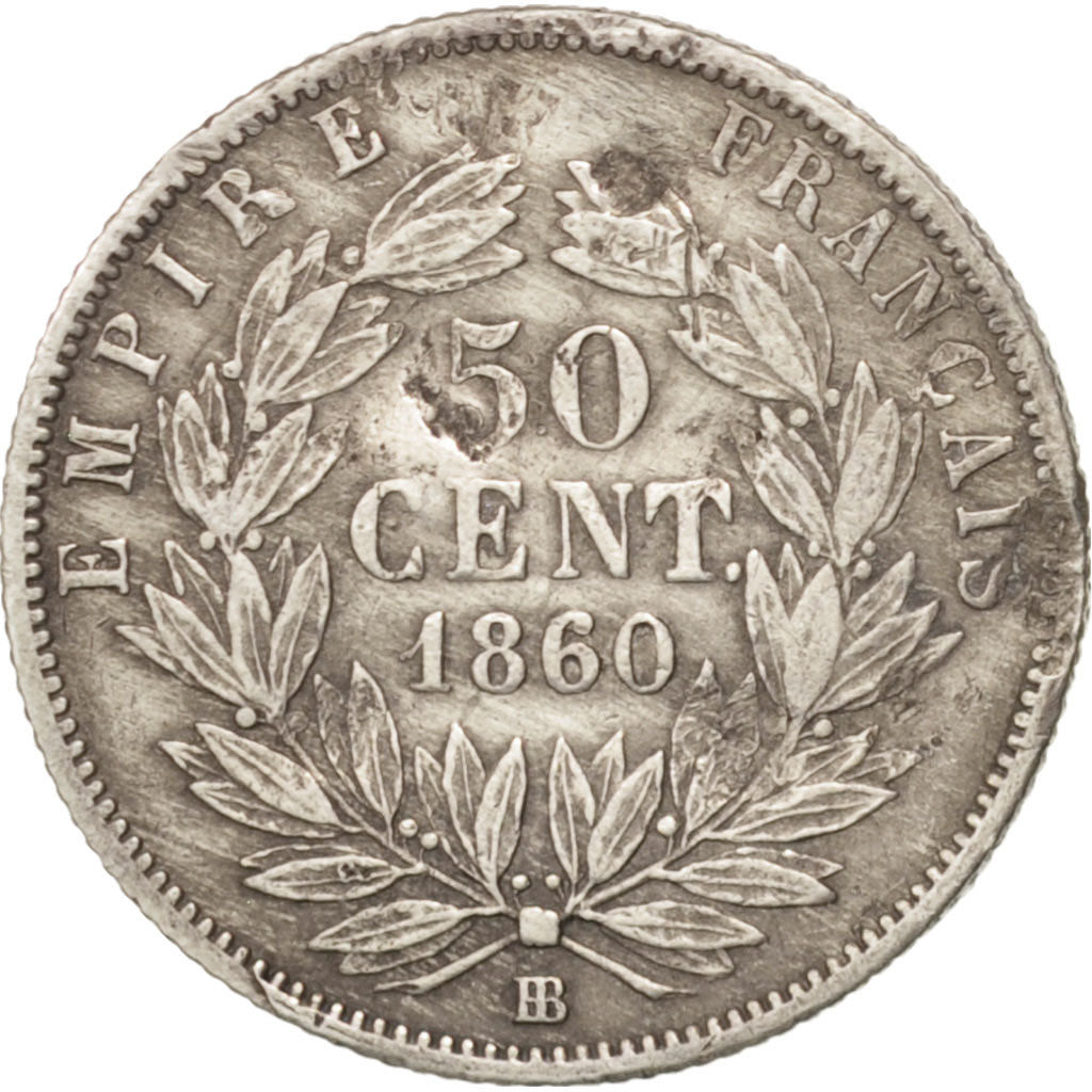 France, Napoleon III, 50 Centimes, 1860, Strasbourg, VG(8-10), Silver, KM 794.2