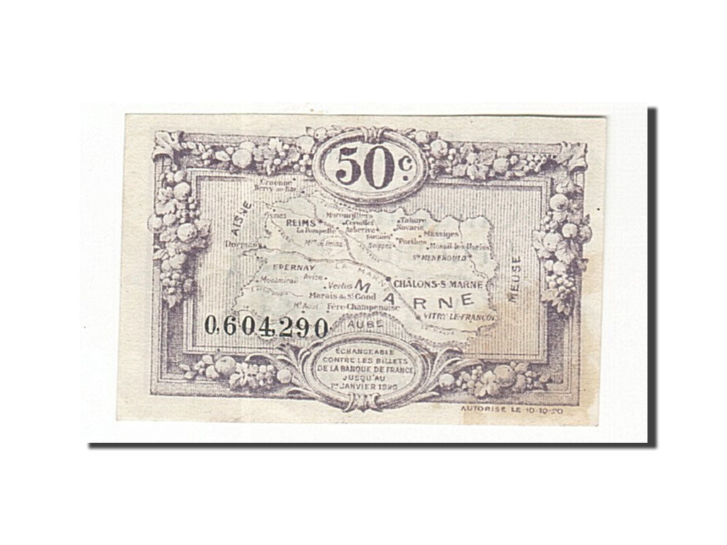 Banknote, Pirot:43-1, 50 Centimes, 1920, France, AU(50-53), Reims