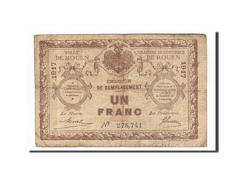 France, Rouen, 1 Franc, 1917, VF(20-25), Pirot:110-30