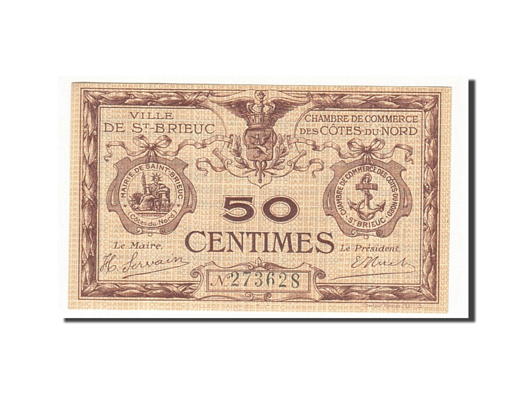 Banknote, Pirot:111-1, 50 Centimes, France, UNC(63), Saint-Brieuc
