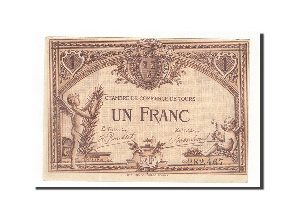 Banknote, Pirot:123-1, 1 Franc, 1915, France, UNC(60-62), Tours