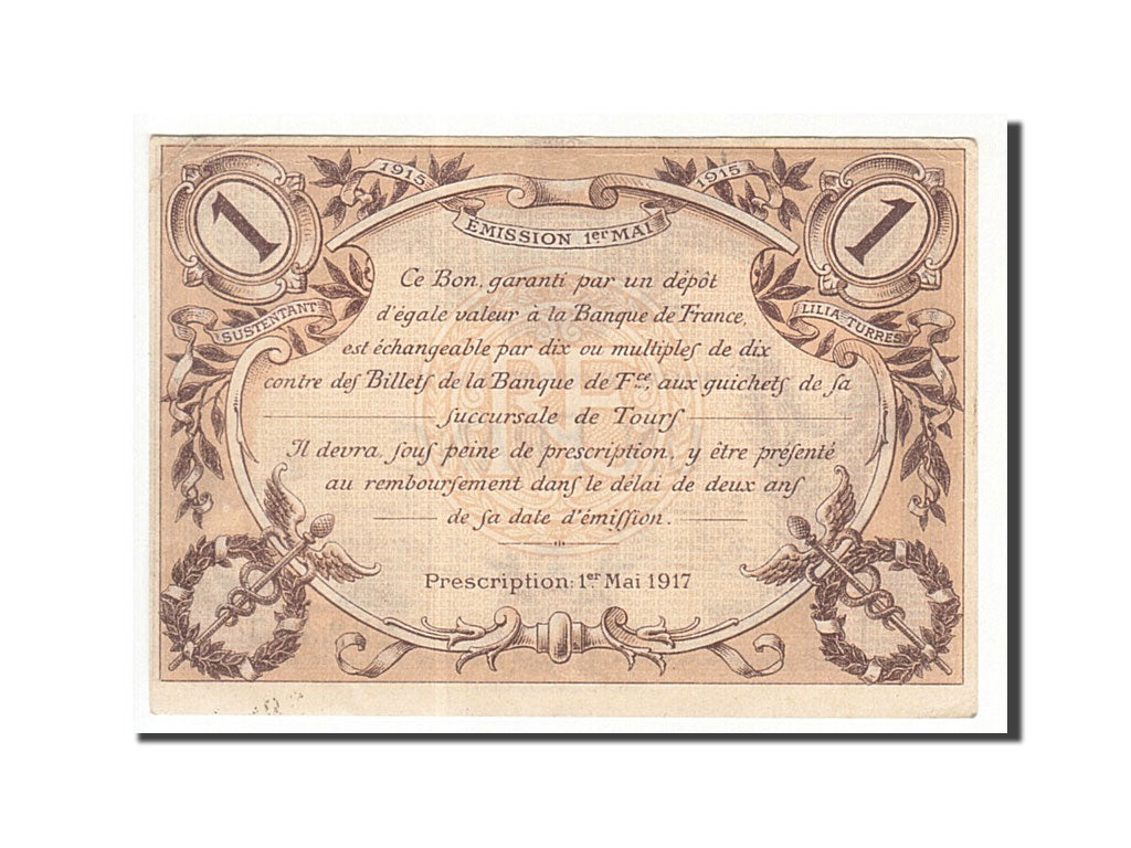 Banknote, Pirot:123-1, 1 Franc, 1915, France, UNC(60-62), Tours