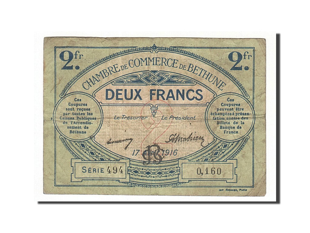 France, Béthune, 2 Francs, 1916, VF(30-35), Pirot:26-19