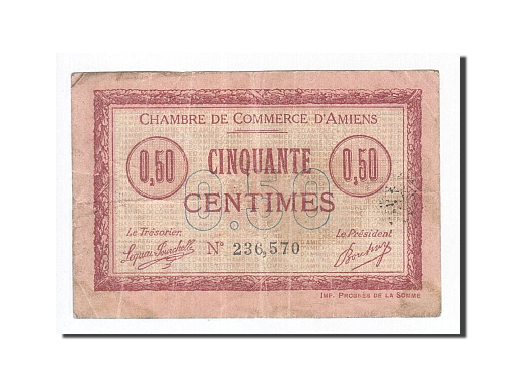 Banconote, Pirot:7-14, MB, Amiens, 50 Centimes, 1915, Francia