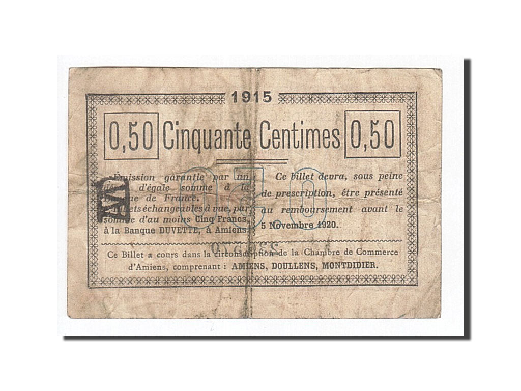 Banconote, Pirot:7-14, MB, Amiens, 50 Centimes, 1915, Francia
