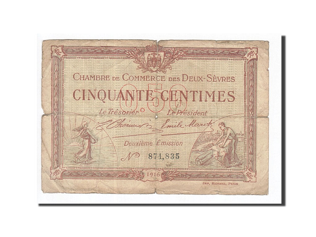 Banconote, Pirot:93-6, MB, Niort, 50 Centimes, 1916, Francia