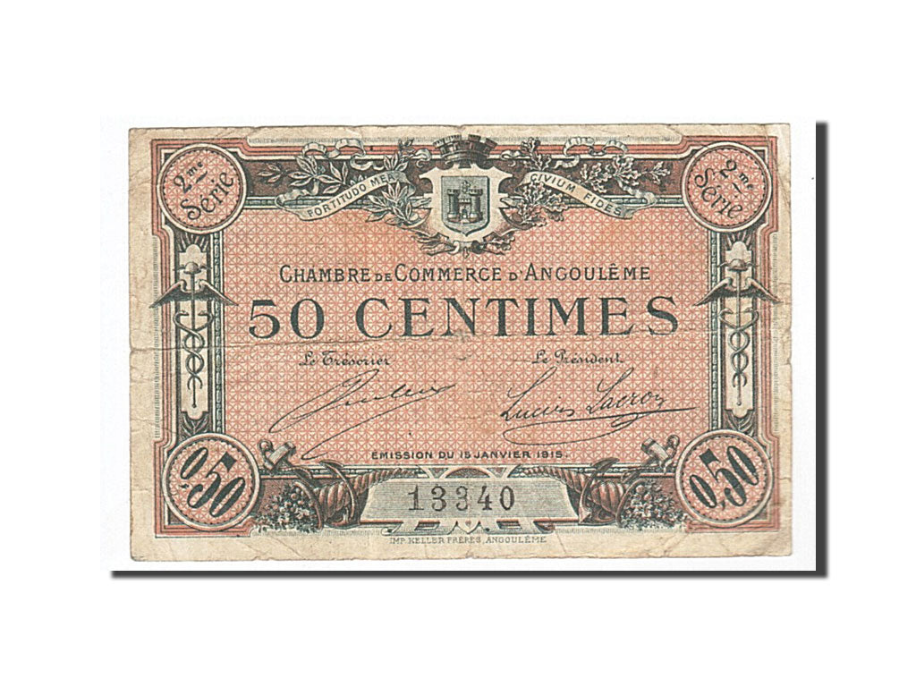 Banconote, Pirot:9-9, MB+, Angoulême, 50 Centimes, 1915, Francia