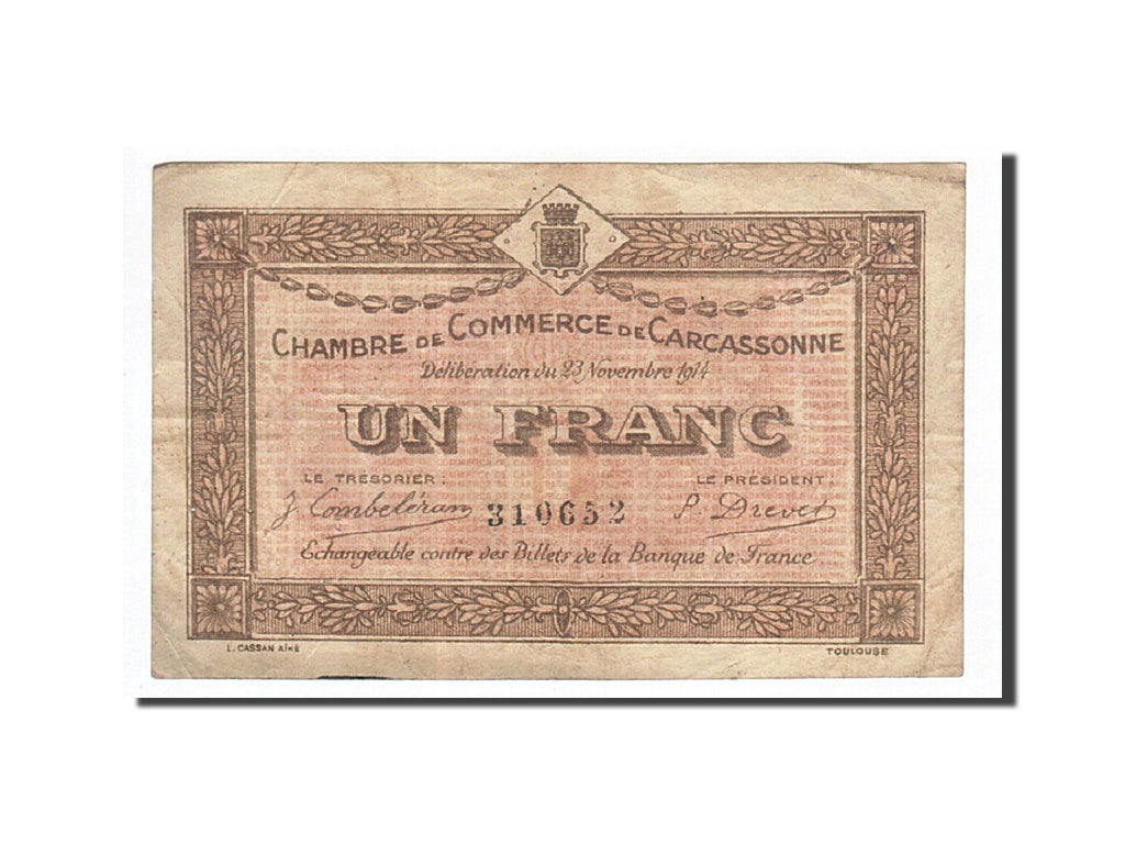 Billet, France, Carcassonne, 1 Franc, 1914, TB+, Pirot:38-6