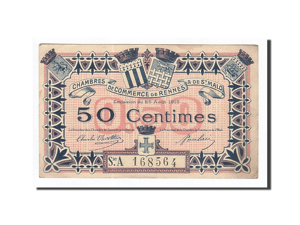 Billete, 50 Centimes, Pirot:105-10, 1915, Francia, MBC+, Rennes et Saint-Malo