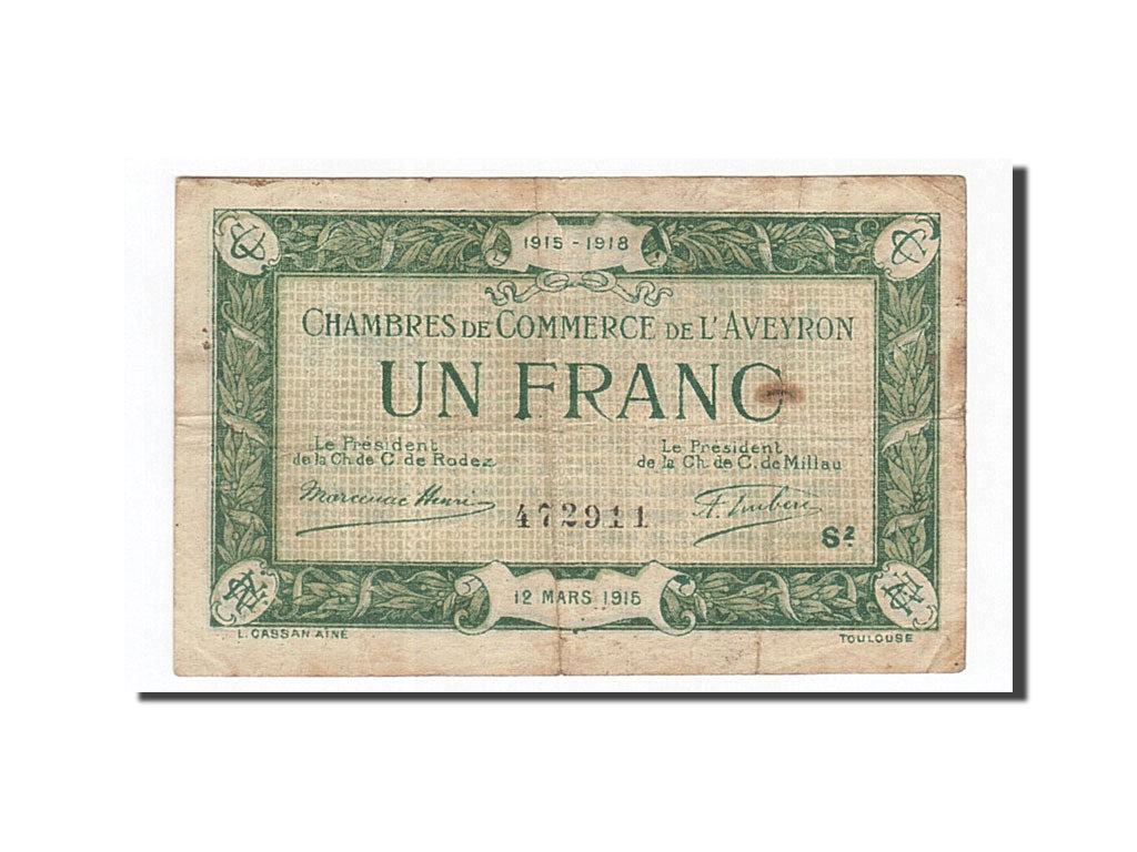 Banknote, Pirot:108-9, 1 Franc, 1915, France, VF(30-35), Rodez