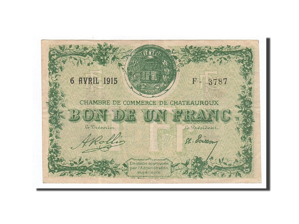 Banconote, Pirot:46-2, SPL-, Chateauroux, 1 Franc, 1915, Francia