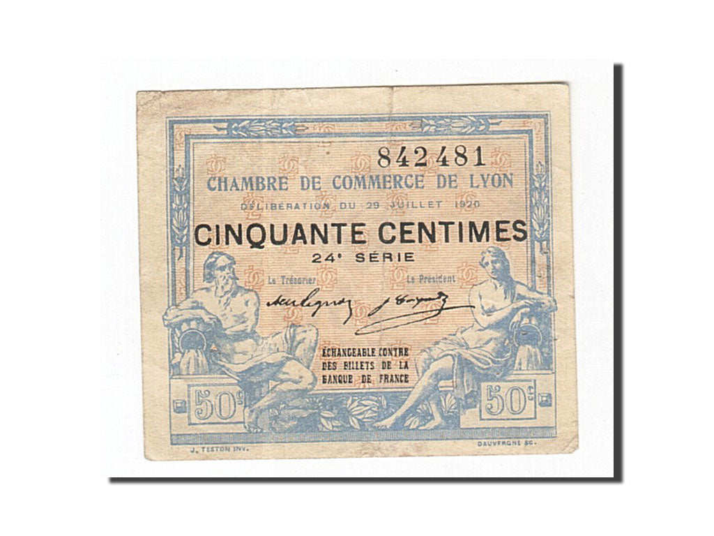 Banknote, Pirot:77-22, 50 Centimes, 1920, France, EF(40-45), Lyon