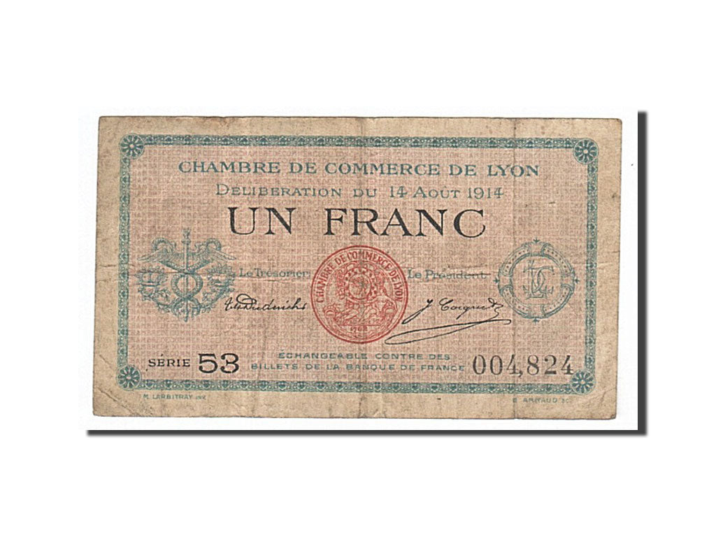 France, Lyon, 1 Franc, 1914, VF(30-35), Pirot:77-1
