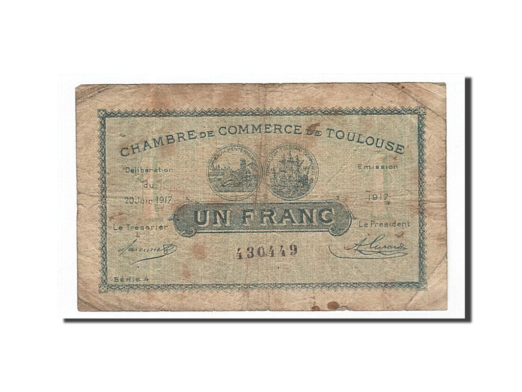 Banconote, Pirot:122-27, MB, Toulouse, 1 Franc, 1917, Francia
