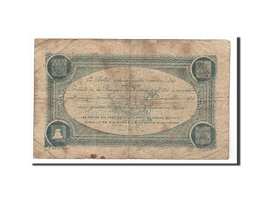 Banconote, Pirot:122-27, MB, Toulouse, 1 Franc, 1917, Francia