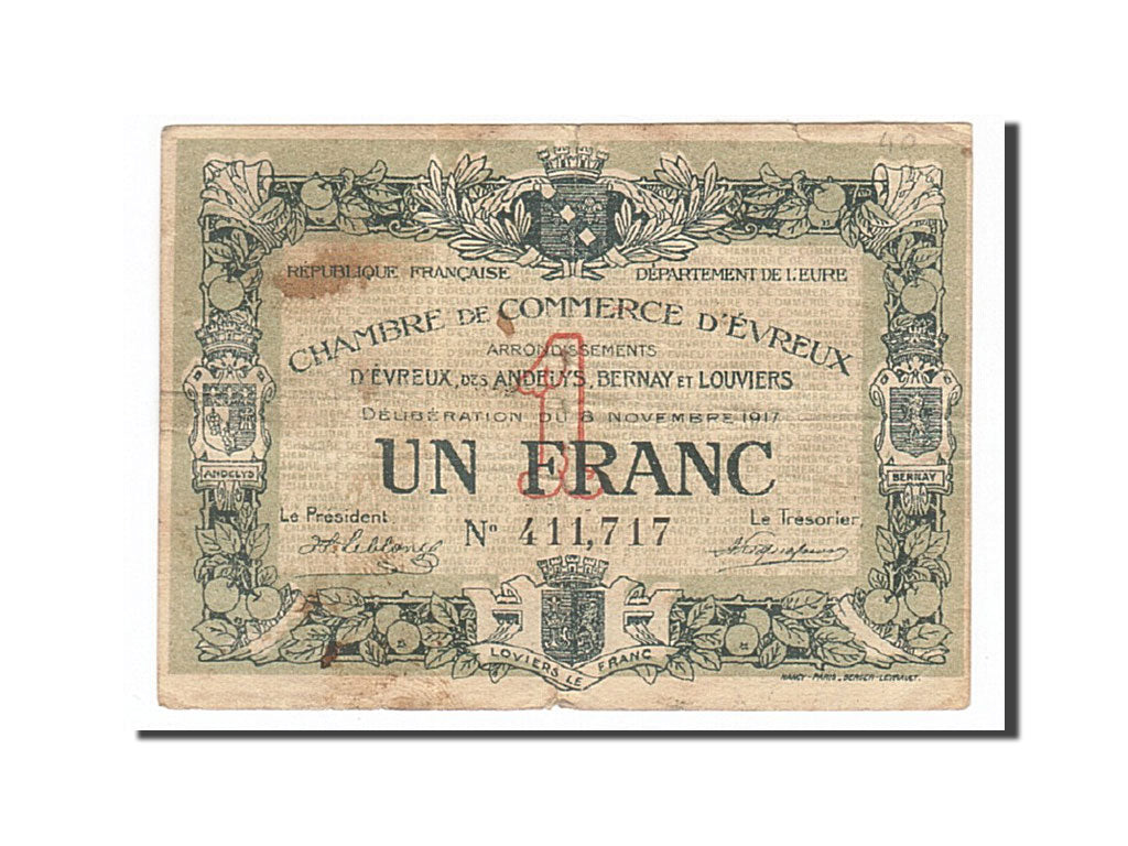 Banknote, Pirot:57-12, 1 Franc, 1917, France, VF(20-25), Evreux