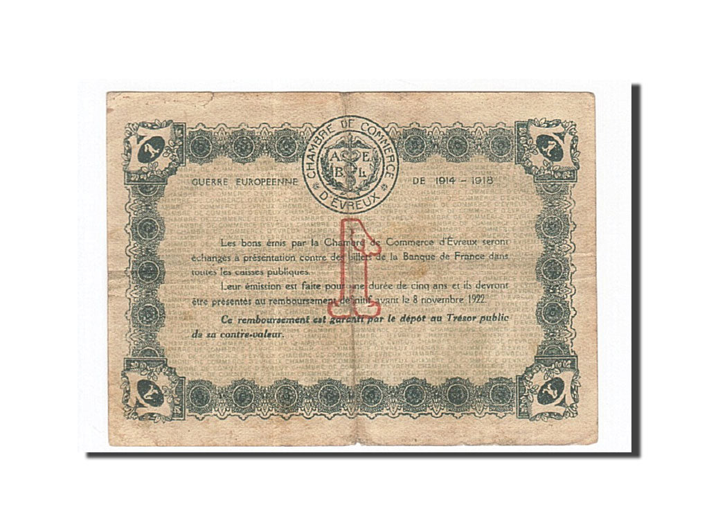 Banknote, Pirot:57-12, 1 Franc, 1917, France, VF(20-25), Evreux