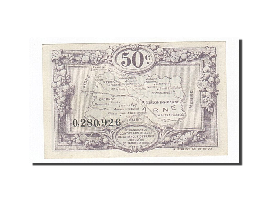 Banknote, Pirot:43-1, 50 Centimes, 1920, France, UNC(63), Reims