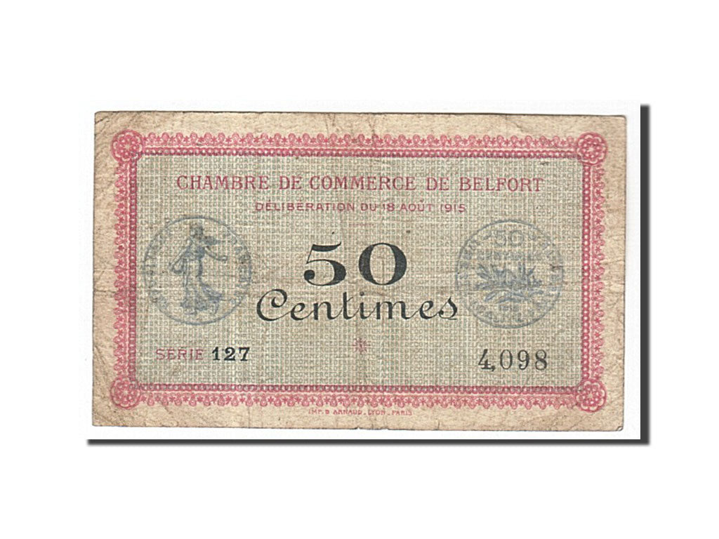 France, Belfort, 50 Centimes, 1915, VF(30-35), Pirot:23-1