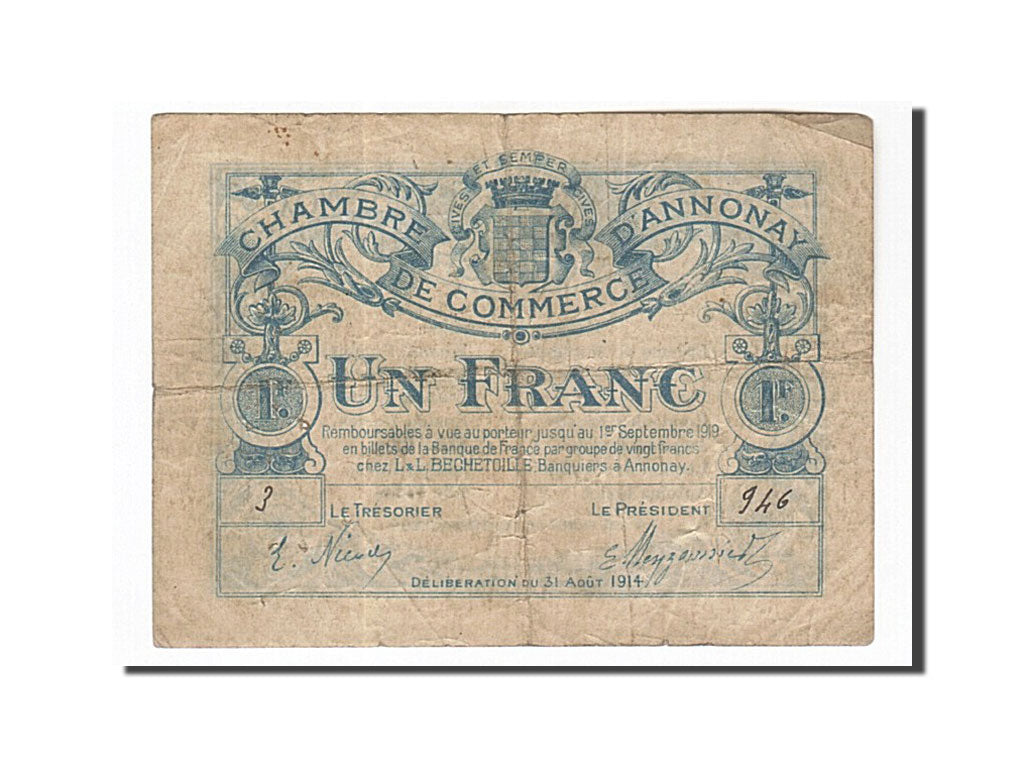 Banknote, Pirot:11-4, 1 Franc, 1919, France, VF(30-35), Annonay