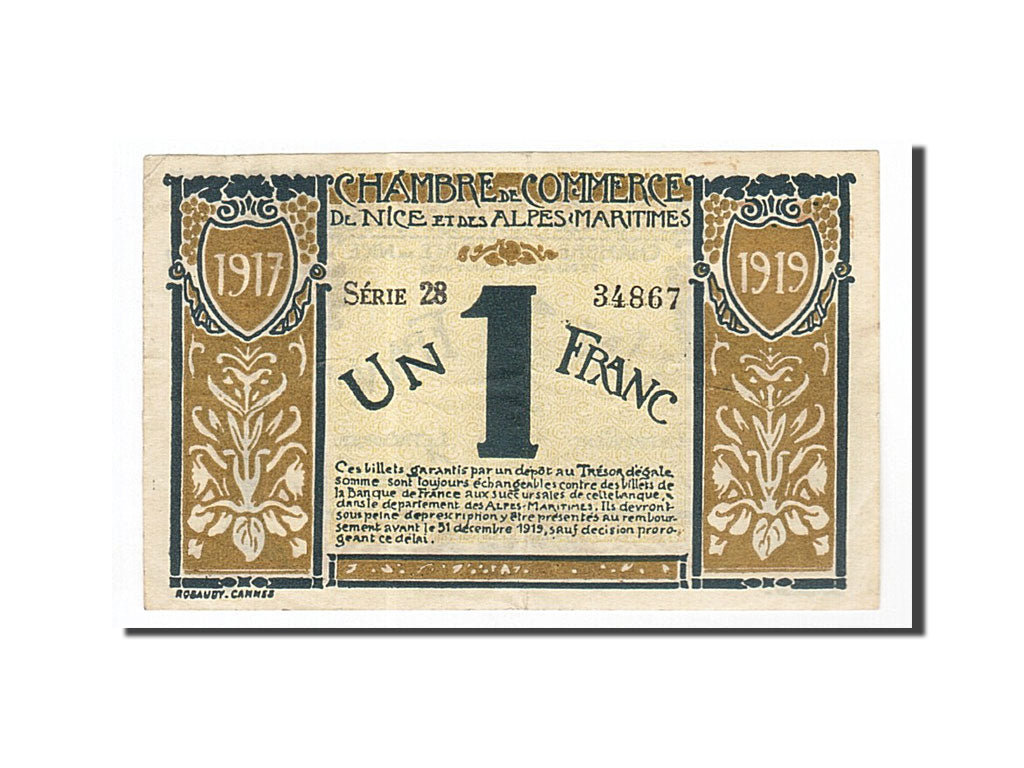 Banknote, Pirot:91-5, 1 Franc, 1917, France, AU(55-58), Nice