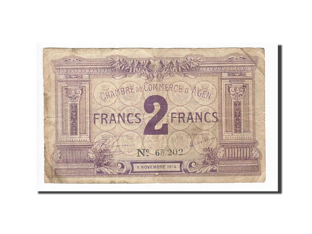 France, Agen, 2 Francs, 1914, VF(20-25), Pirot:2-5