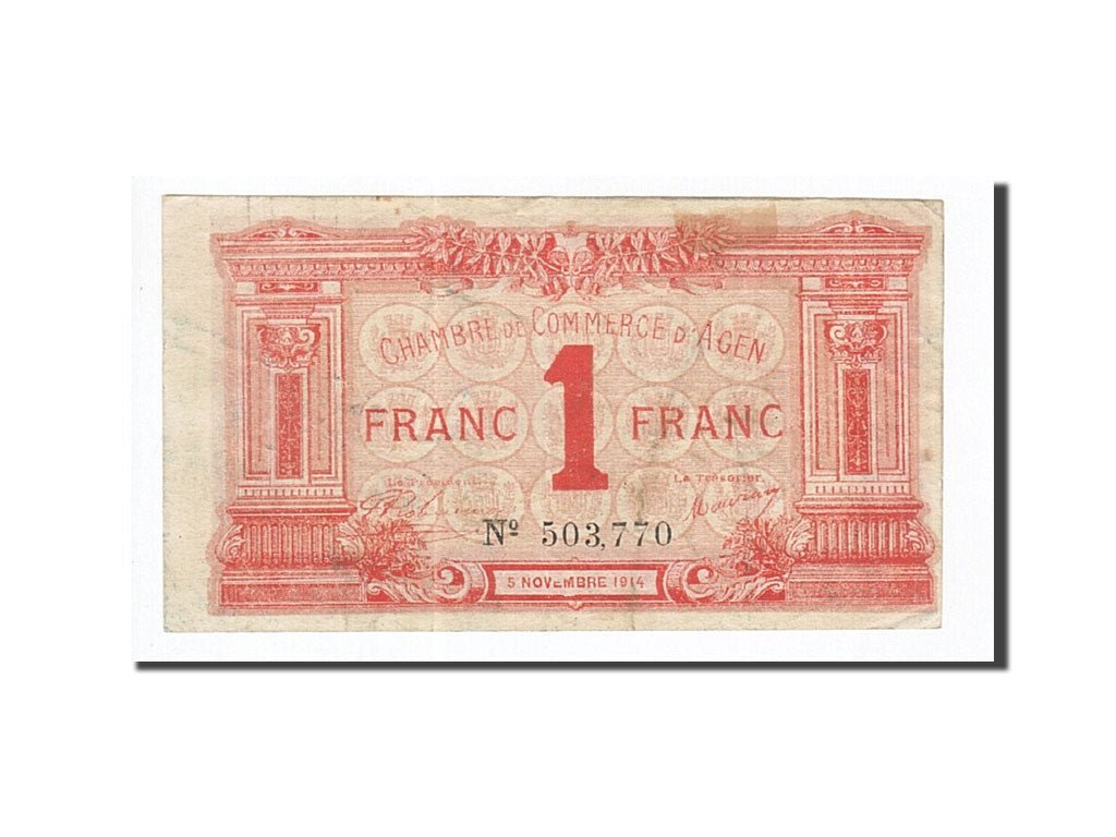 Banknote, Pirot:2-3, 1 Franc, 1914, France, VF(30-35), Agen