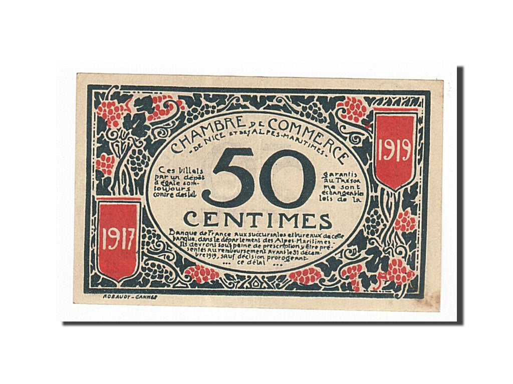 Banknote, Pirot:91-4, 50 Centimes, 1917, France, AU(55-58), Nice
