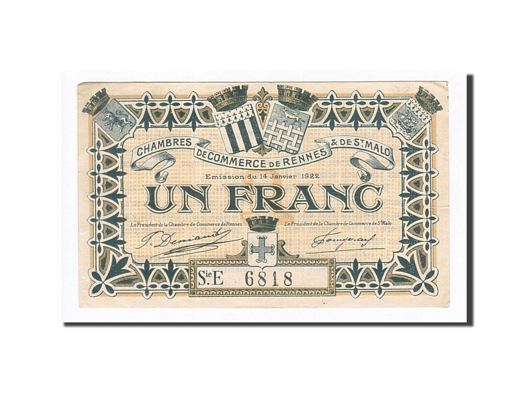 Biljet, Pirot:105-22, 1 Franc, 1922, Frankrijk, SUP+, Rennes et Saint-Malo
