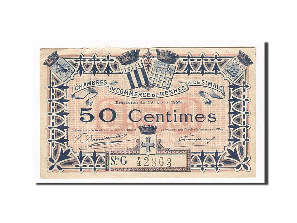 France, Rennes et Saint-Malo, 50 Centimes, 1922, TTB+, Pirot:105-25
