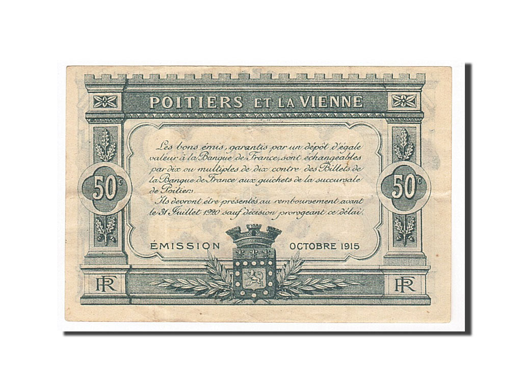 Banknote, Pirot:101-1, 50 Centimes, 1915, France, AU(50-53), Poitiers