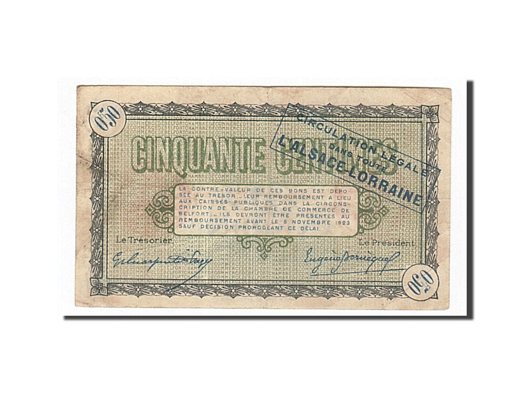 Banknote, Pirot:23-34, 50 Centimes, 1918, France, EF(40-45), Belfort