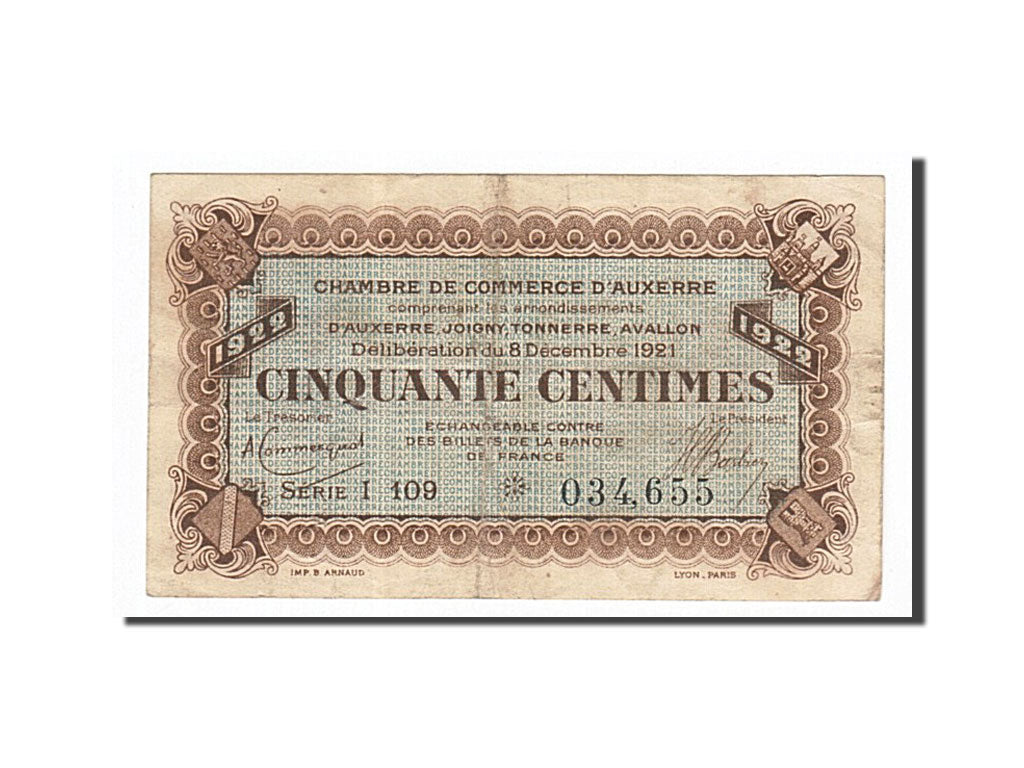 France, Auxerre, 50 Centimes, 1921, EF(40-45), Pirot:17-27