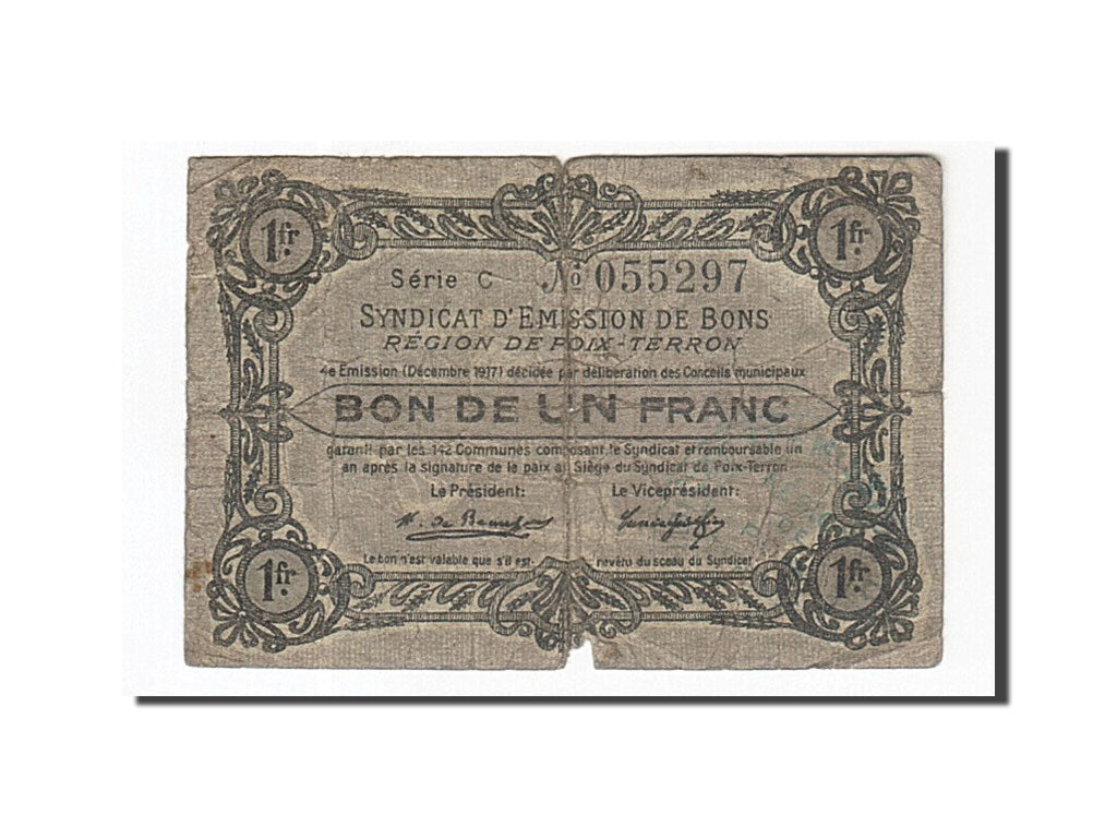 Banknote, Pirot:08-156, 1 Franc, 1917, France, VG(8-10), Poix-Terron
