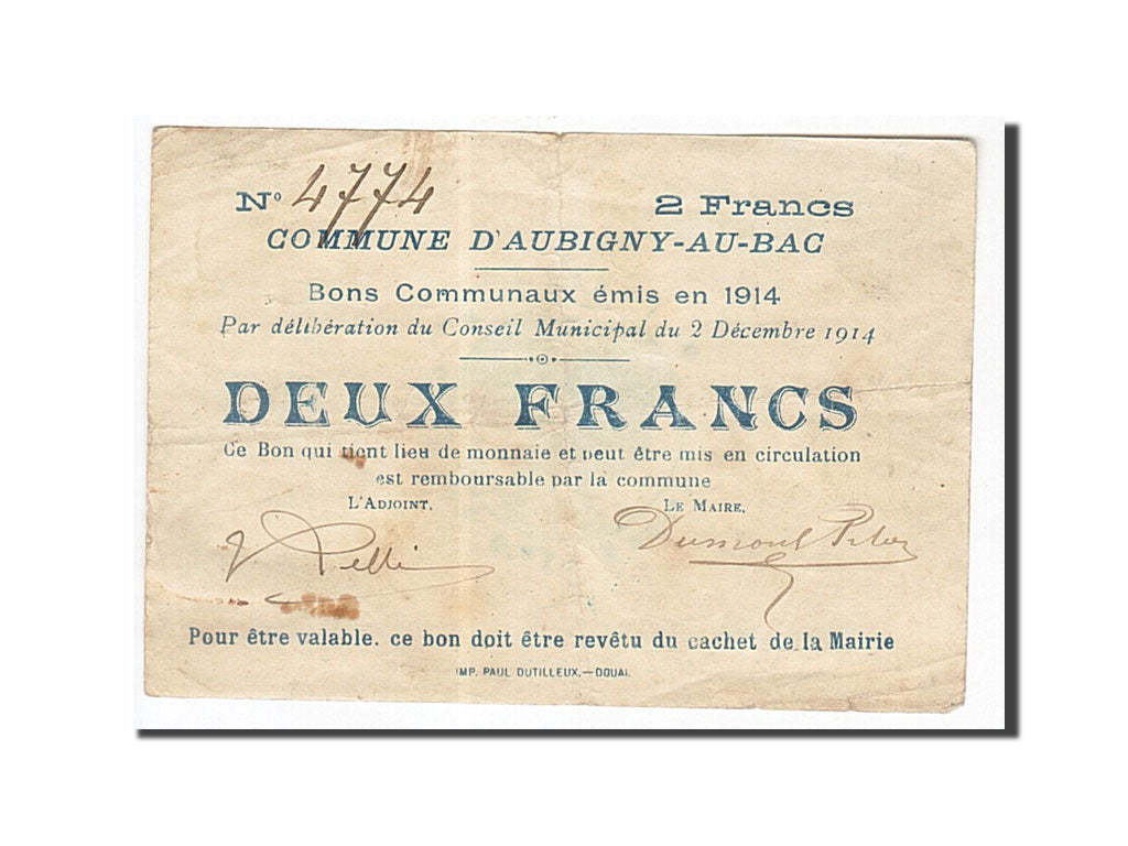 France, Aubigny-au-Bac, 2 Francs, 1914, EF(40-45), Pirot:59-144